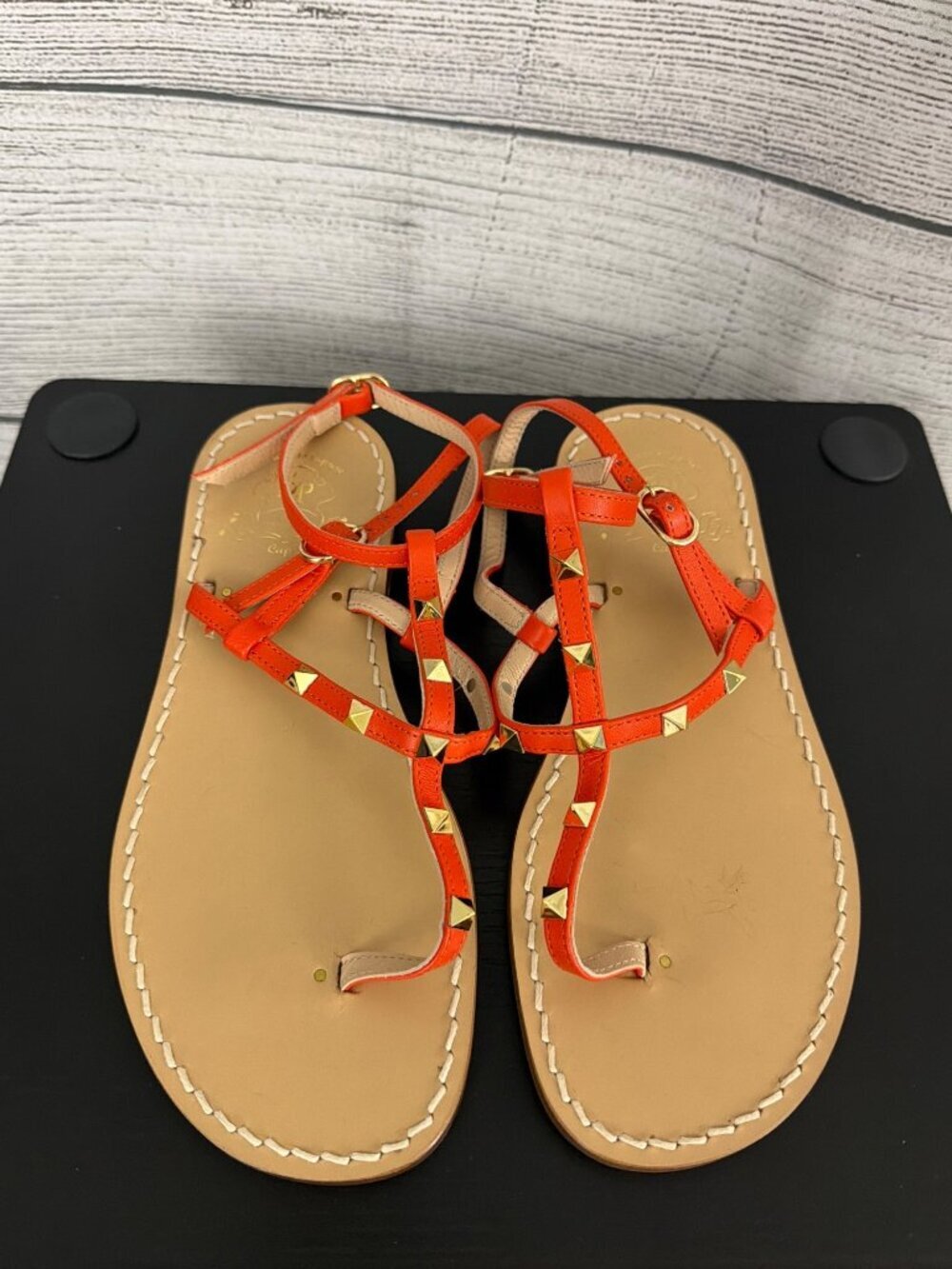 Il Sandalo Caprese Le Salentine Vacchetta Orange Leather Studded Flat Sandals Si